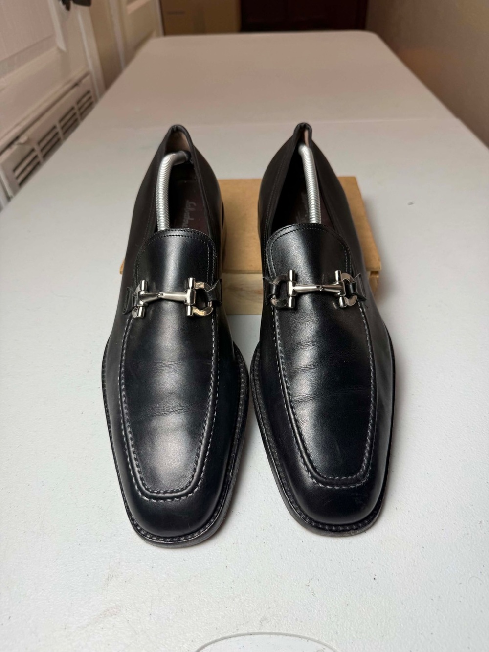 Ferragamo Mens Black Loafers 12 Luxury Shoes Silver Gancini Horse Bit Lux Shoes